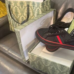 Gucci Black Canvas Sneakers with Red and Green Accents
